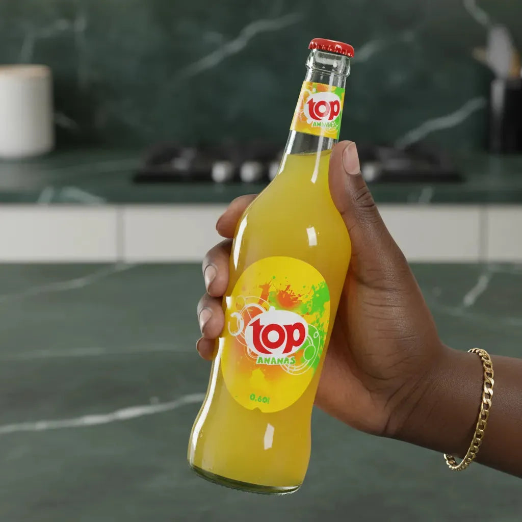 Main tenant une bouteille de Soda ananas TOP 0,6L, boisson gazeuse tropicale au goût d’ananas, parfaite pour une pause fruitée et pétillante.